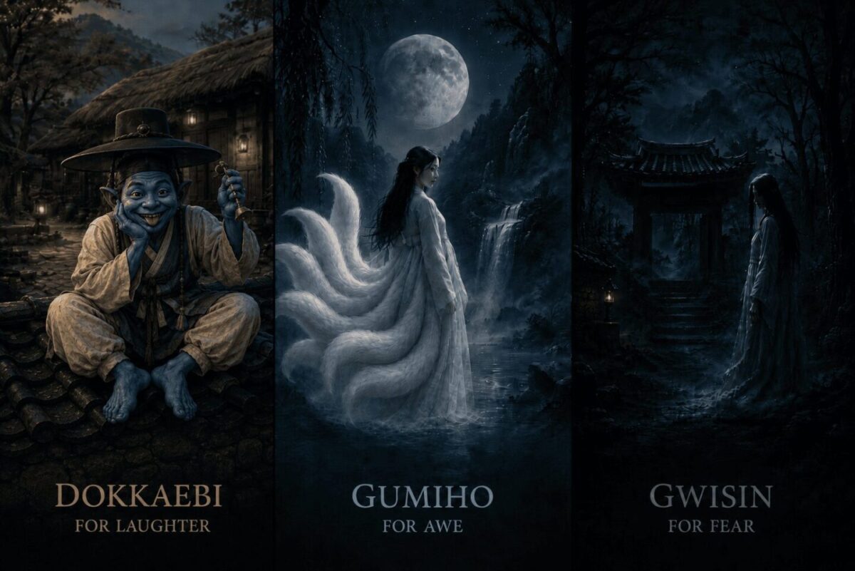 Three Korean creatures dokkaebi gumiho and gwishin representing laughter awe and fear
