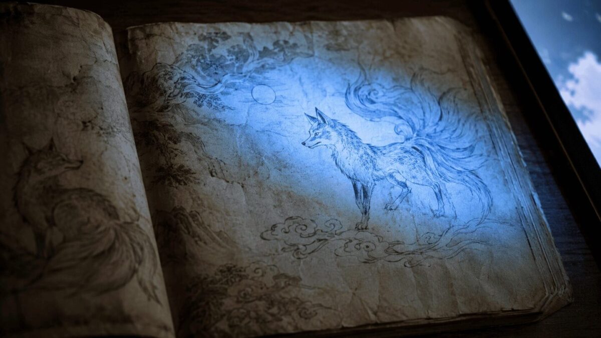 Ancient Korean manuscript with nine-tailed fox illustration overlaid with modern blue light, gumiho folklore evolution