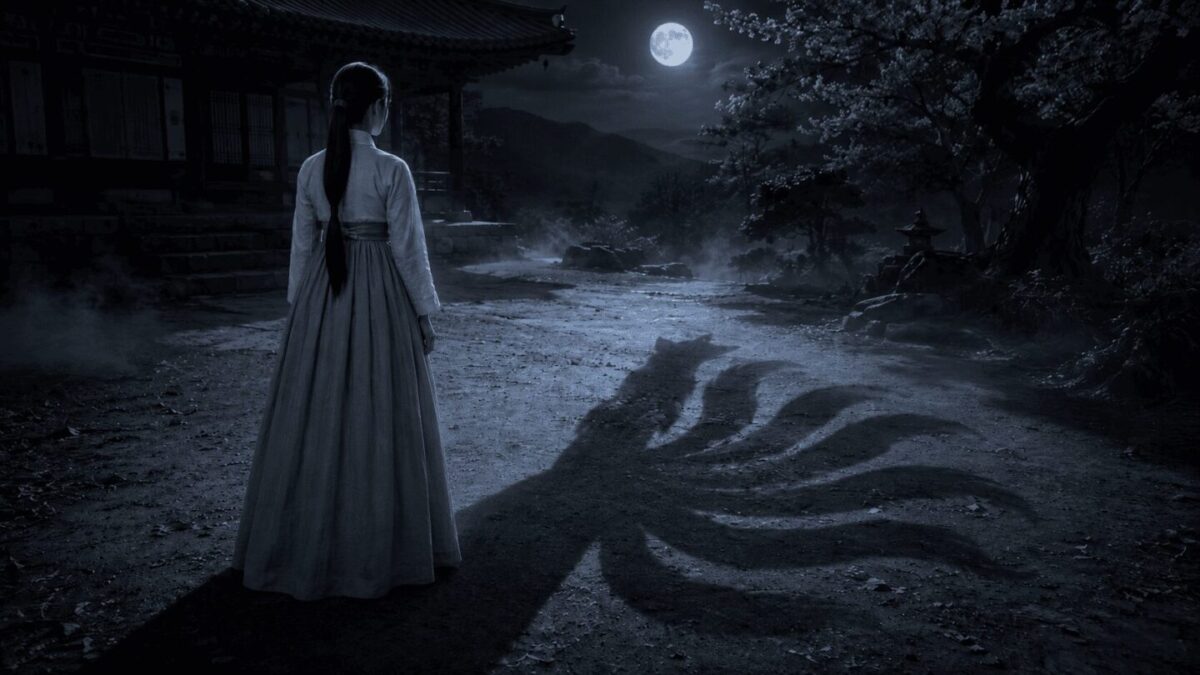 Woman in hanbok casting nine-tailed fox shadow in moonlight, gumiho Korean folklore