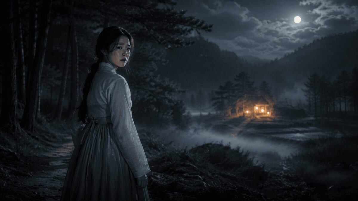 Woman in hanbok at forest edge looking toward distant light, gumiho han Korean folklore