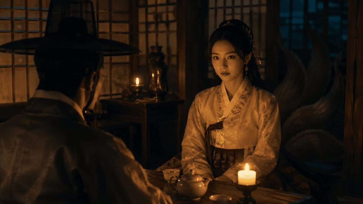 Woman in hanbok sitting across from man in candlelit hanok interior, gumiho Korean folklore
