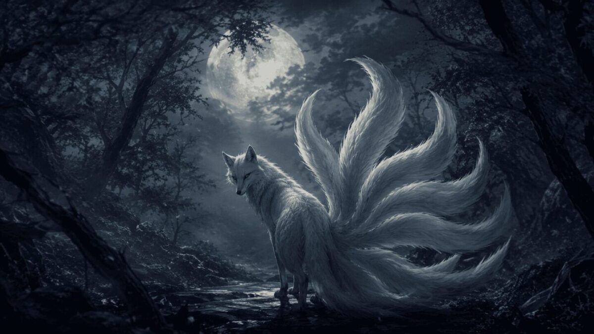 Nine-tailed fox in moonlit Korean forest, gumiho Korean mythology