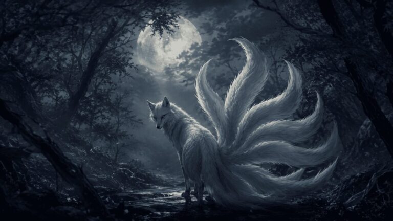 Nine-tailed fox in moonlit Korean forest, gumiho Korean mythology