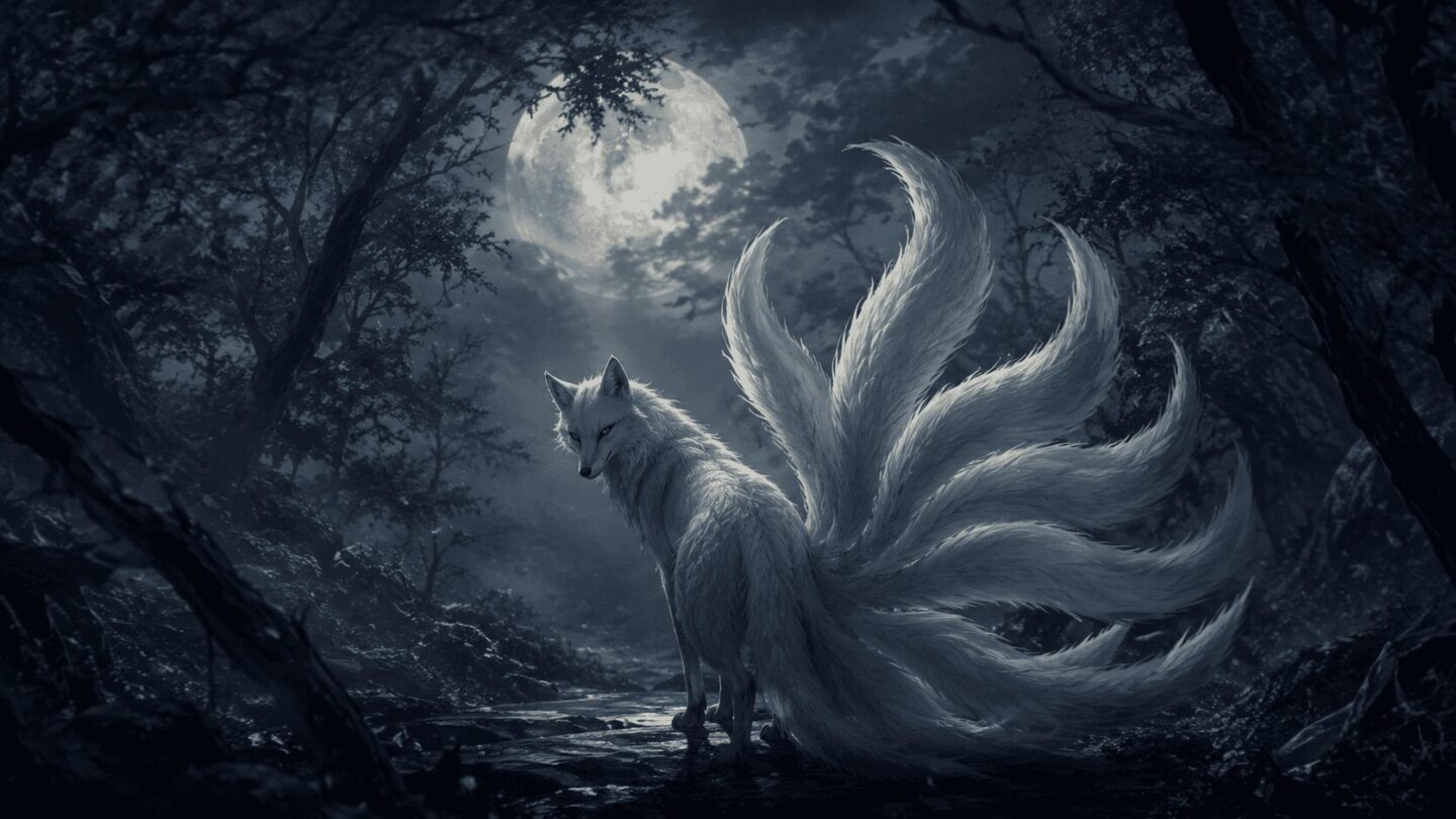 Nine-tailed fox in moonlit Korean forest, gumiho Korean mythology