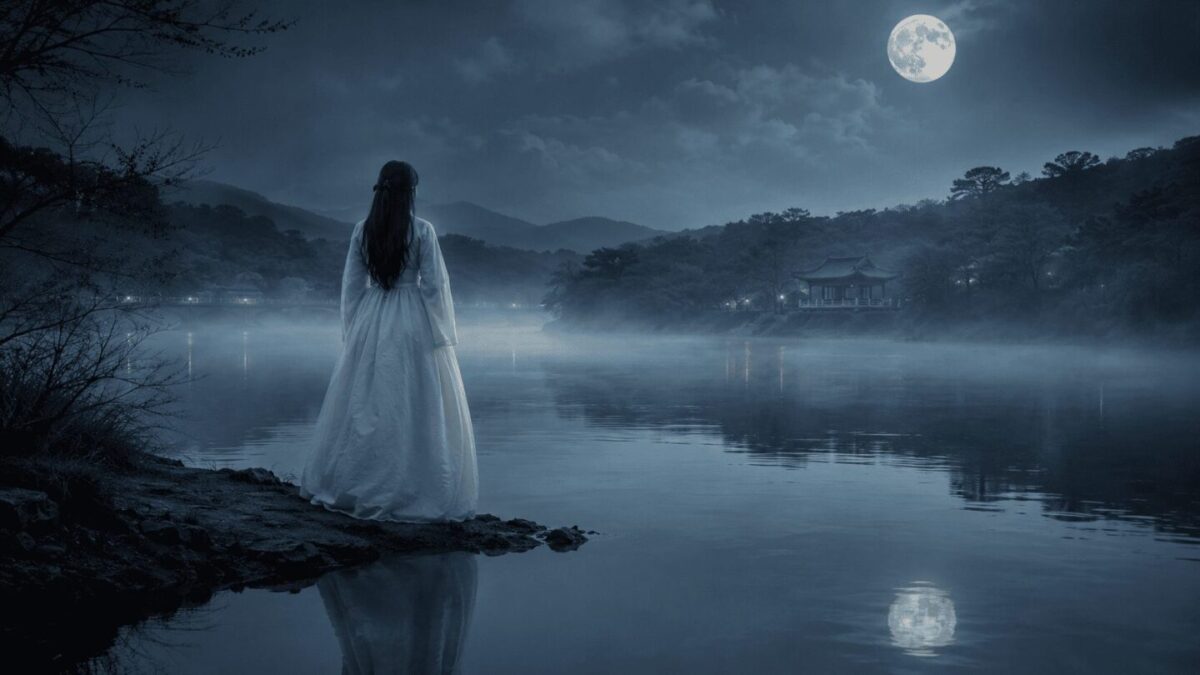 Woman in white hanbok standing at misty river edge under full moon, Korean gwishin han between worlds