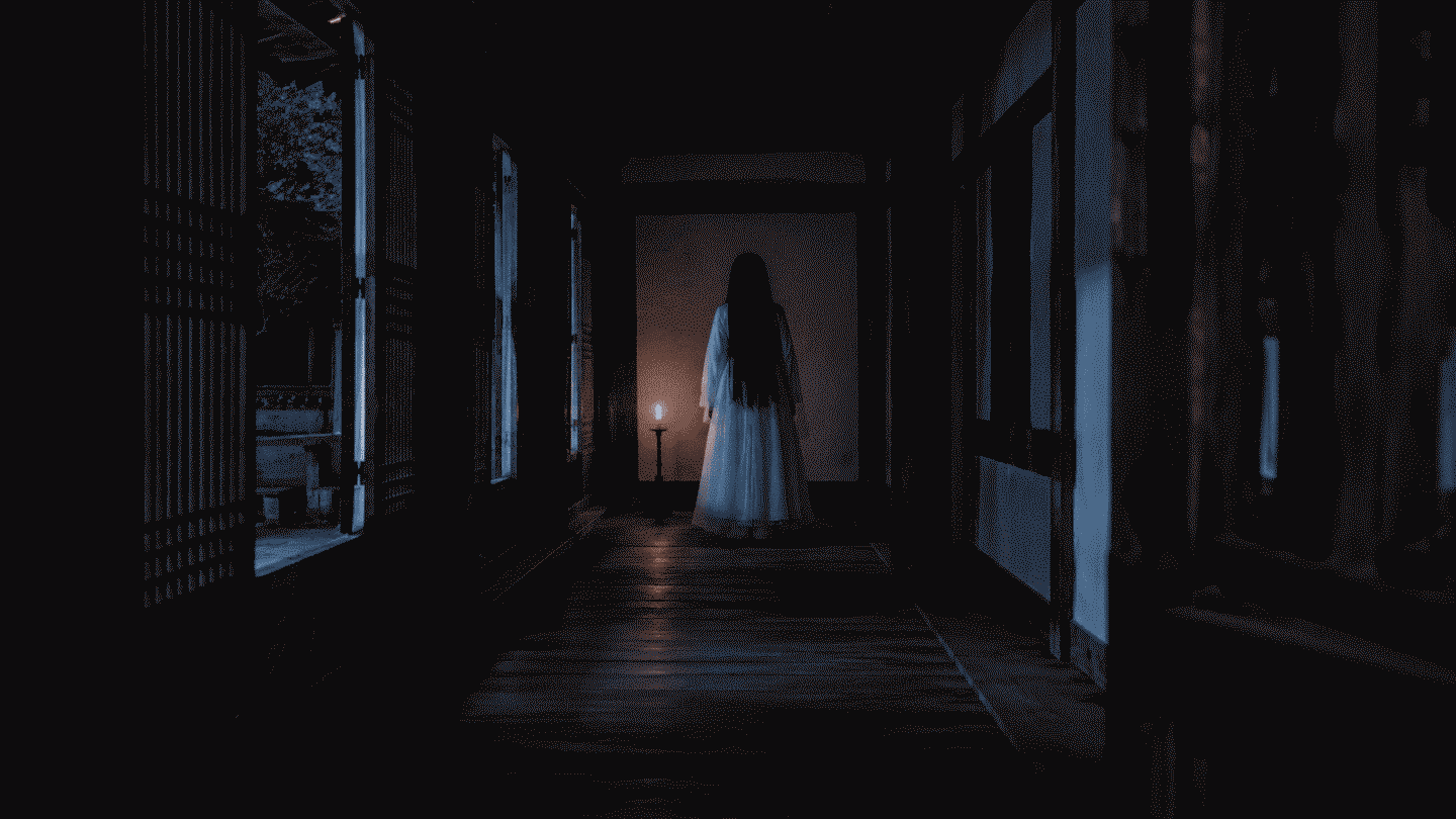 Korean ghost gwishin in white hanbok standing in dark hanok corridor at night