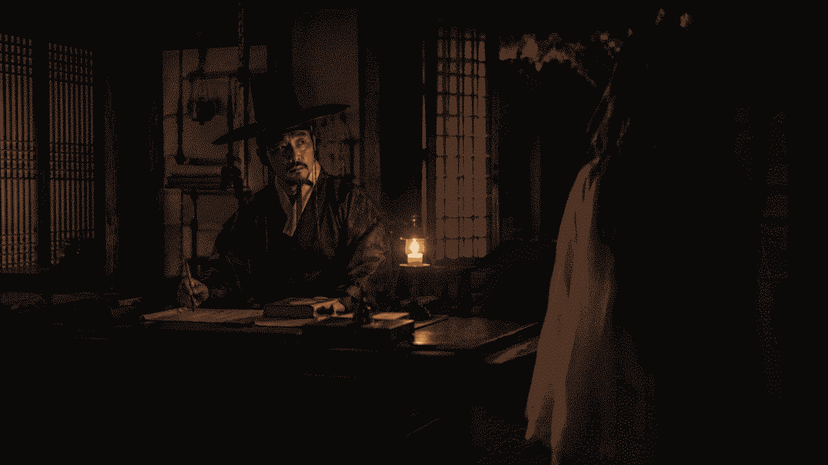 Joseon magistrate at candlelit desk with ghost woman in shadows, Korean gwishin folklore