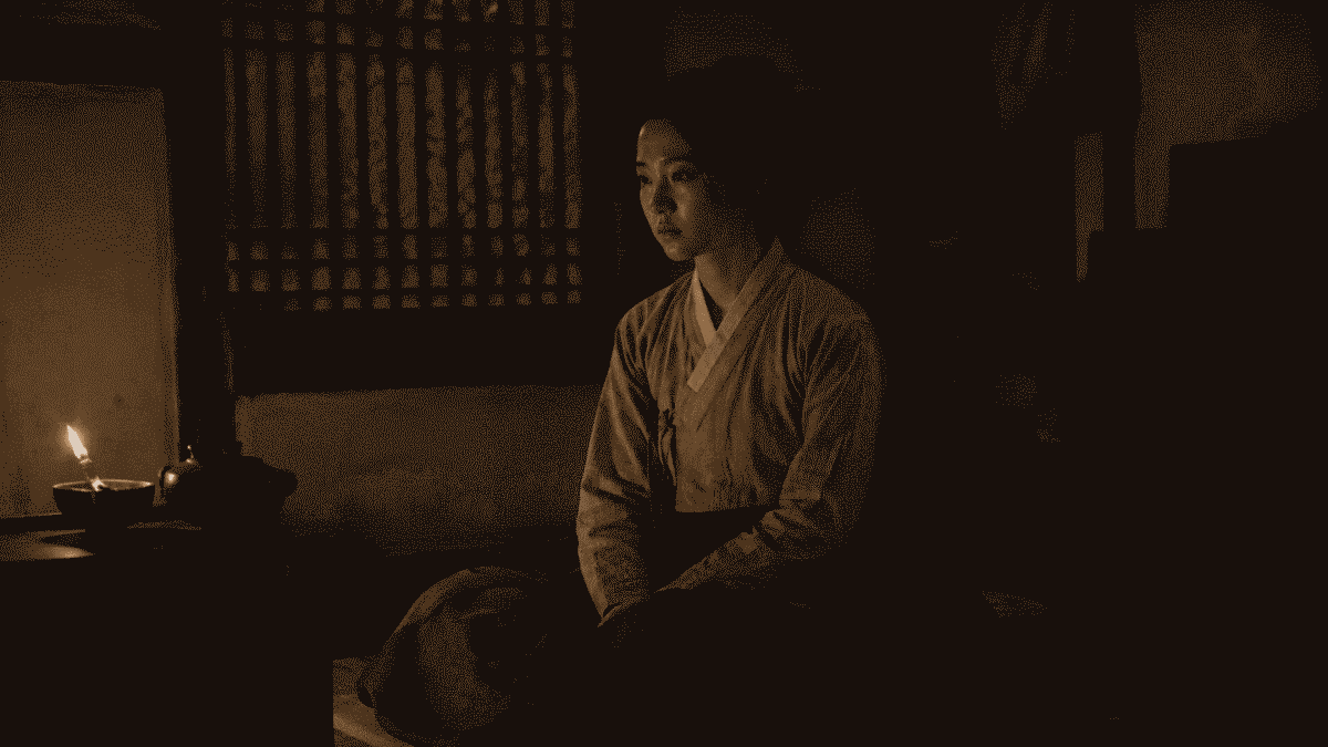 Young Joseon woman sitting alone by candlelight at night, Korean gwishin han folklore