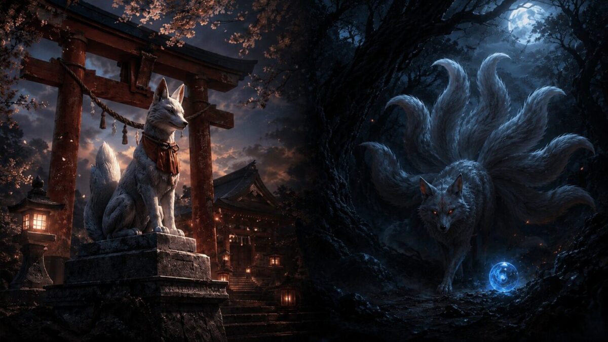Japanese kitsune shrine statue contrasted with Korean gumiho in dark forest, fox mythology comparison