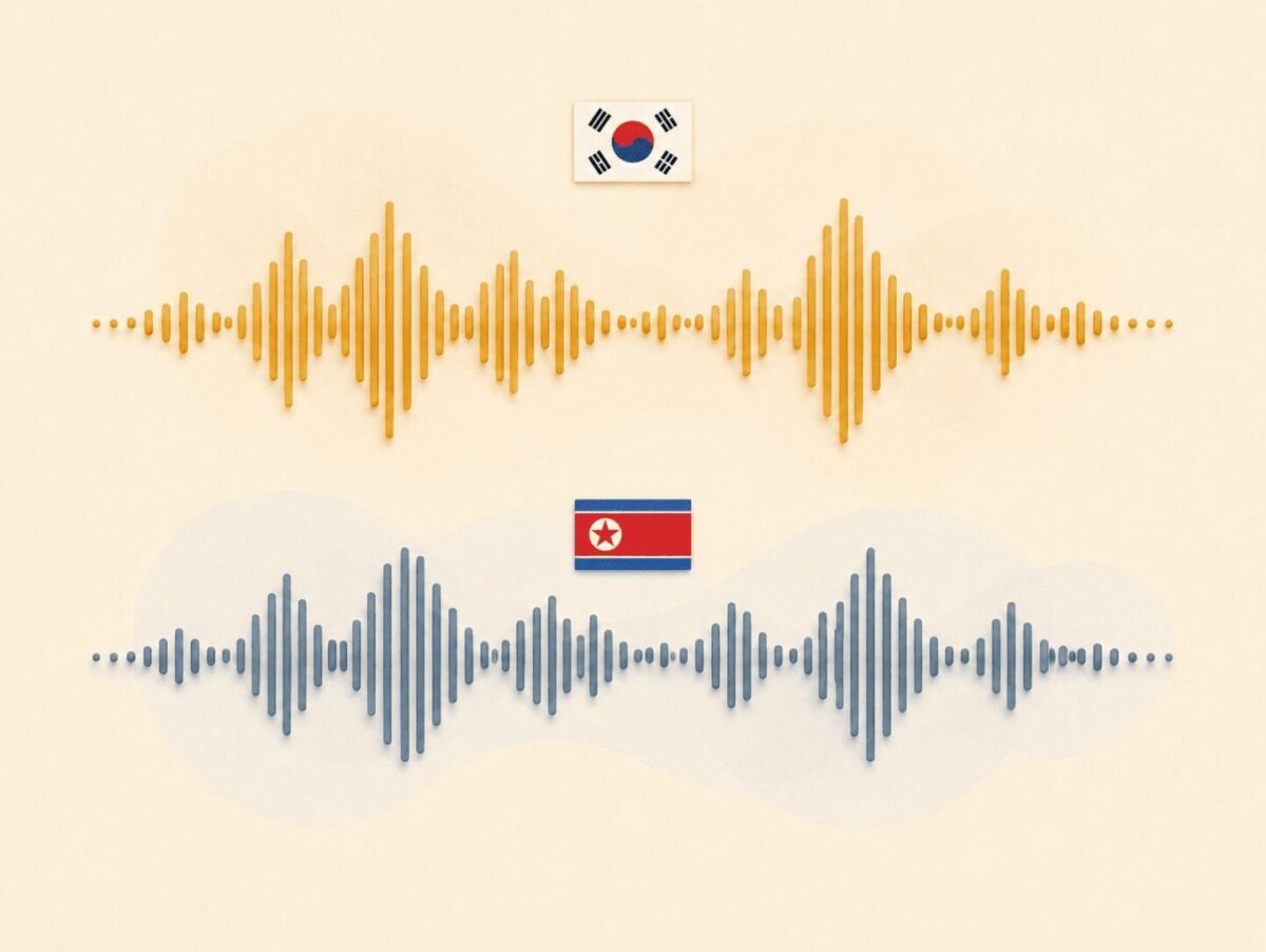 Two audio waveforms with Korean flags showing the accent difference between North and South Korean speech