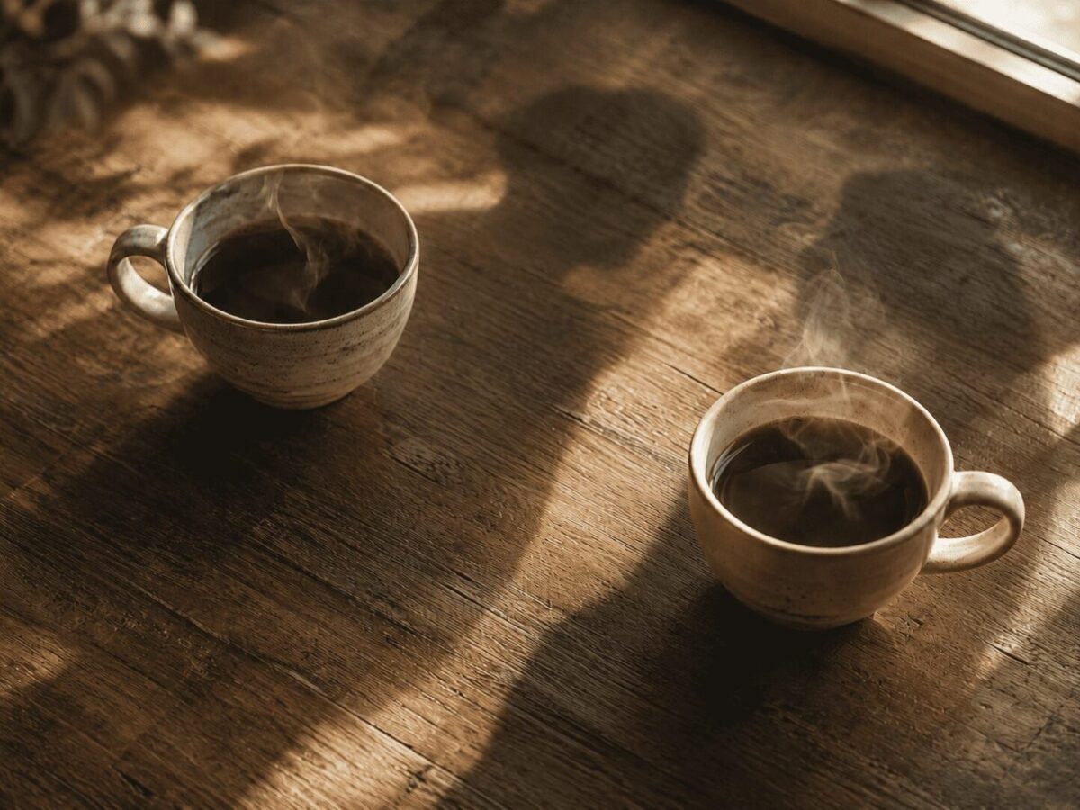 Two steaming coffee cups facing each other suggesting easy conversation between Koreans