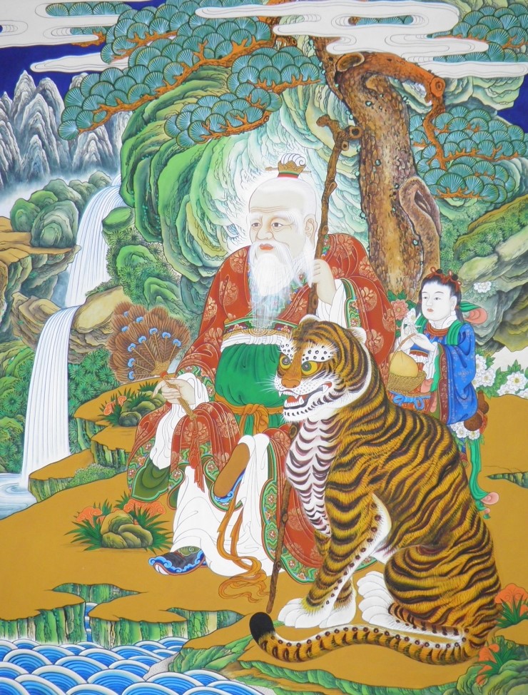 A vivid Korean Sansin tang-hwa painting in traditional Buddhist art style, showing the mountain god, tiger, child attendant, and pine trees