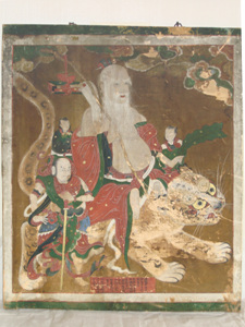 An antique Korean Sansin tang-hwa painting from Hamyang Yeonggaksa temple, showing the mountain god seated with his tiger companion