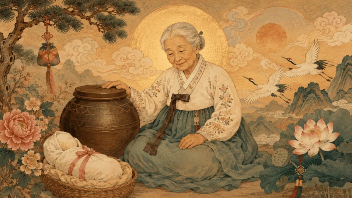 Samsin Halmoni, the Korean grandmother goddess of childbirth, watching over newborns in a traditional Korean home