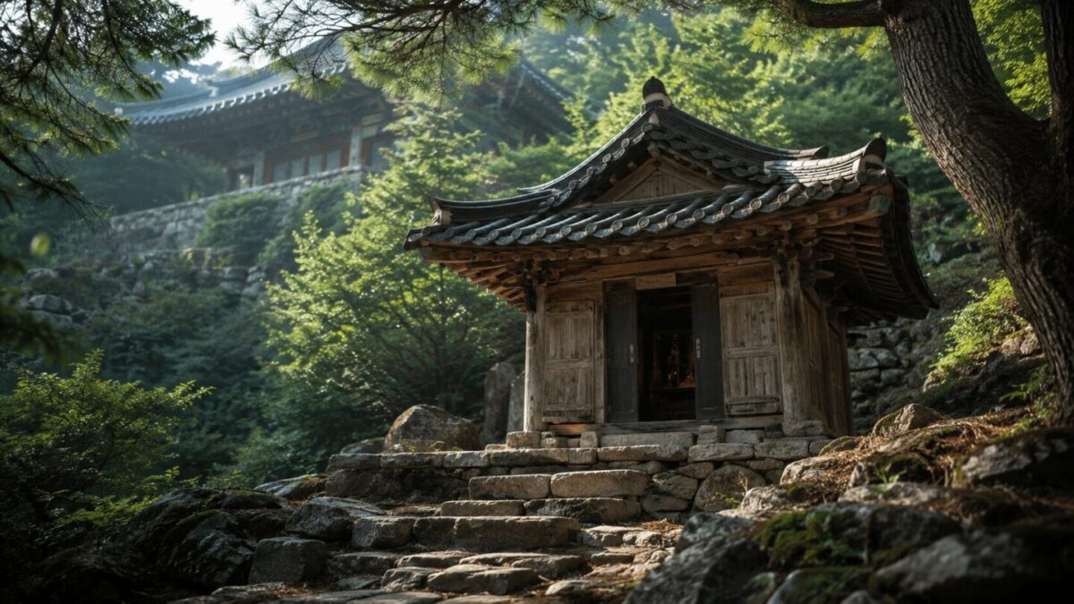 A quiet Chilseonggak, the small Seven Stars shrine hall tucked behind the main hall at a Korean Buddhist temple