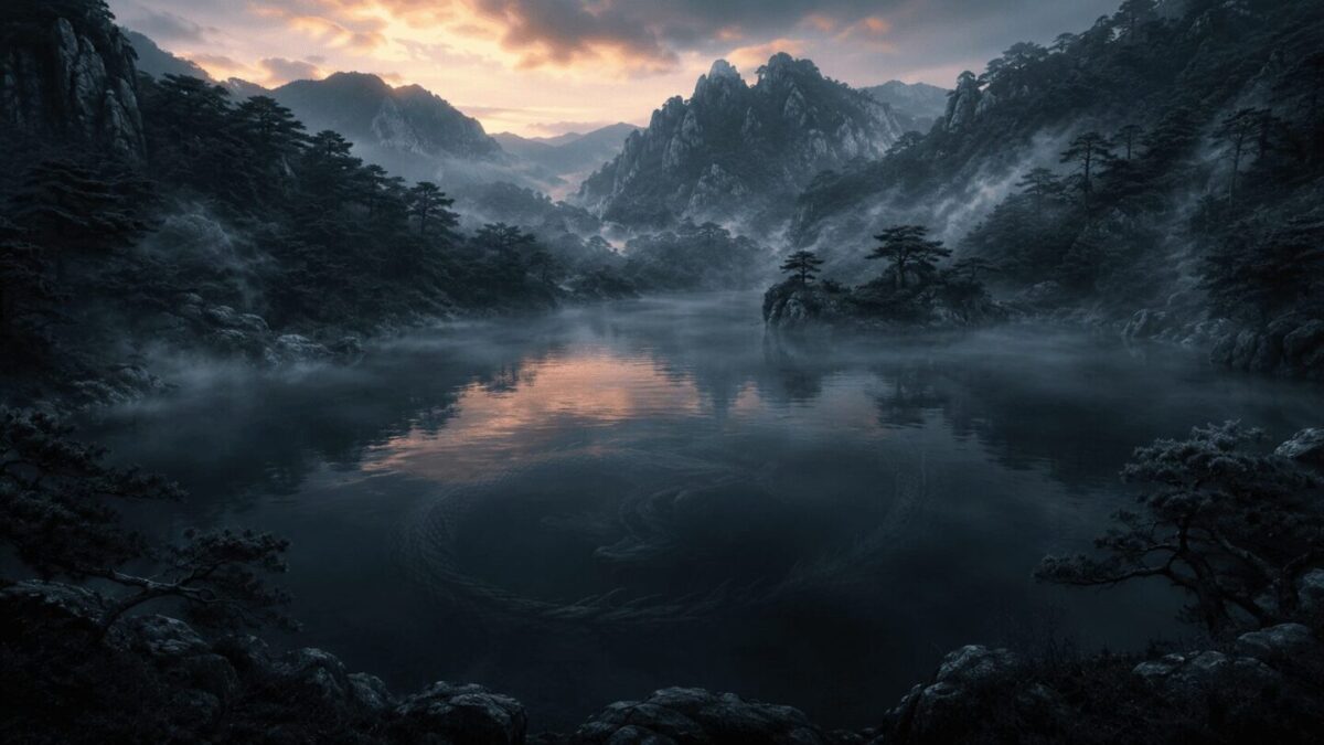 An artistic depiction of an imugi, the serpent of Korean legend, waiting beneath a deep mountain pond