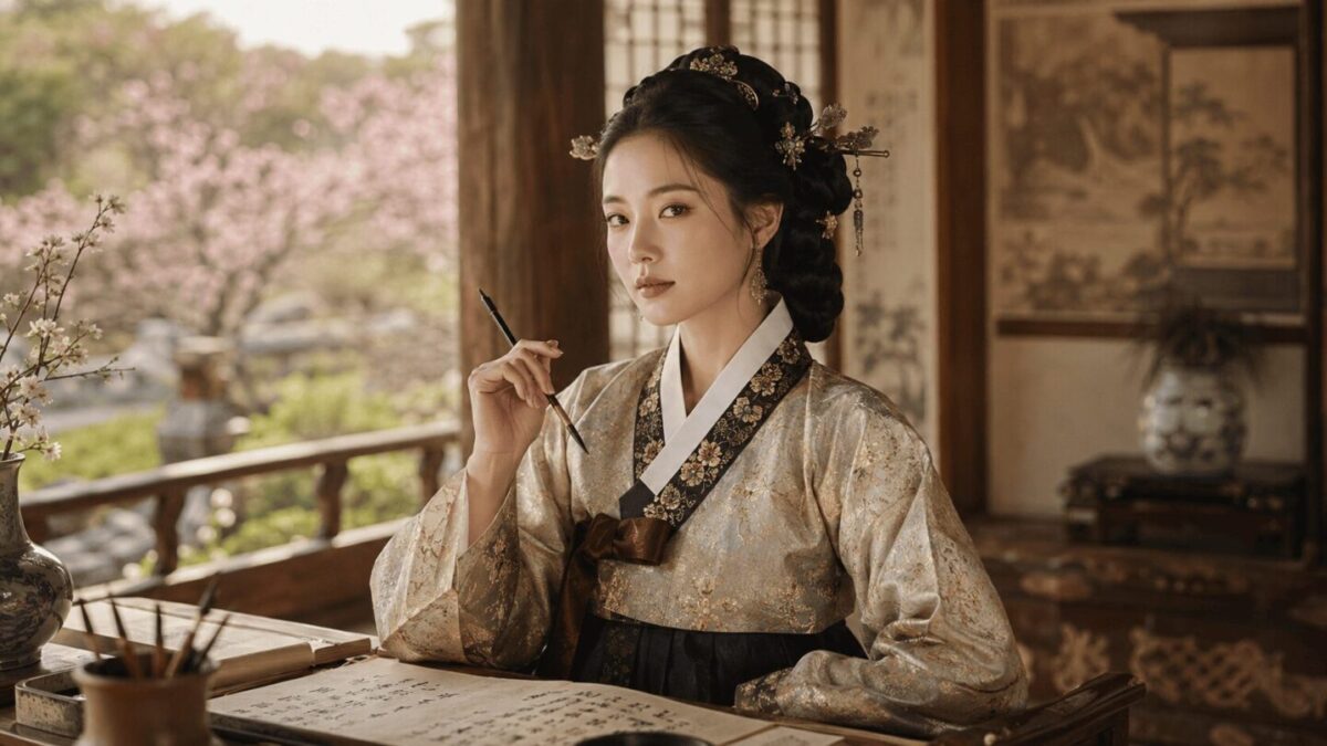 An artistic imagining of Hwang Jini, the 16th-century Korean gisaeng and poet, holding a calligraphy brush