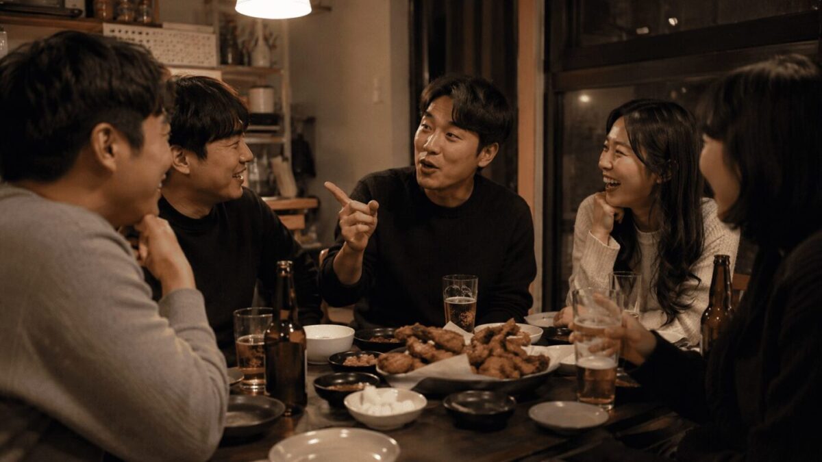 What does gungnyul mean — Korean friends sharing fried chicken and beer, a classic gungnyul pairing