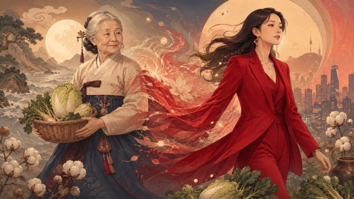 An artistic interpretation of Samsin Halmoni's dual form as a grandmother and a mysterious woman in red, inspired by her portrayal in Korean dramas