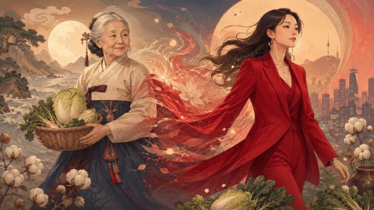 An artistic interpretation of Samsin Halmoni's dual form as a grandmother and a mysterious woman in red, inspired by her portrayal in Korean dramas