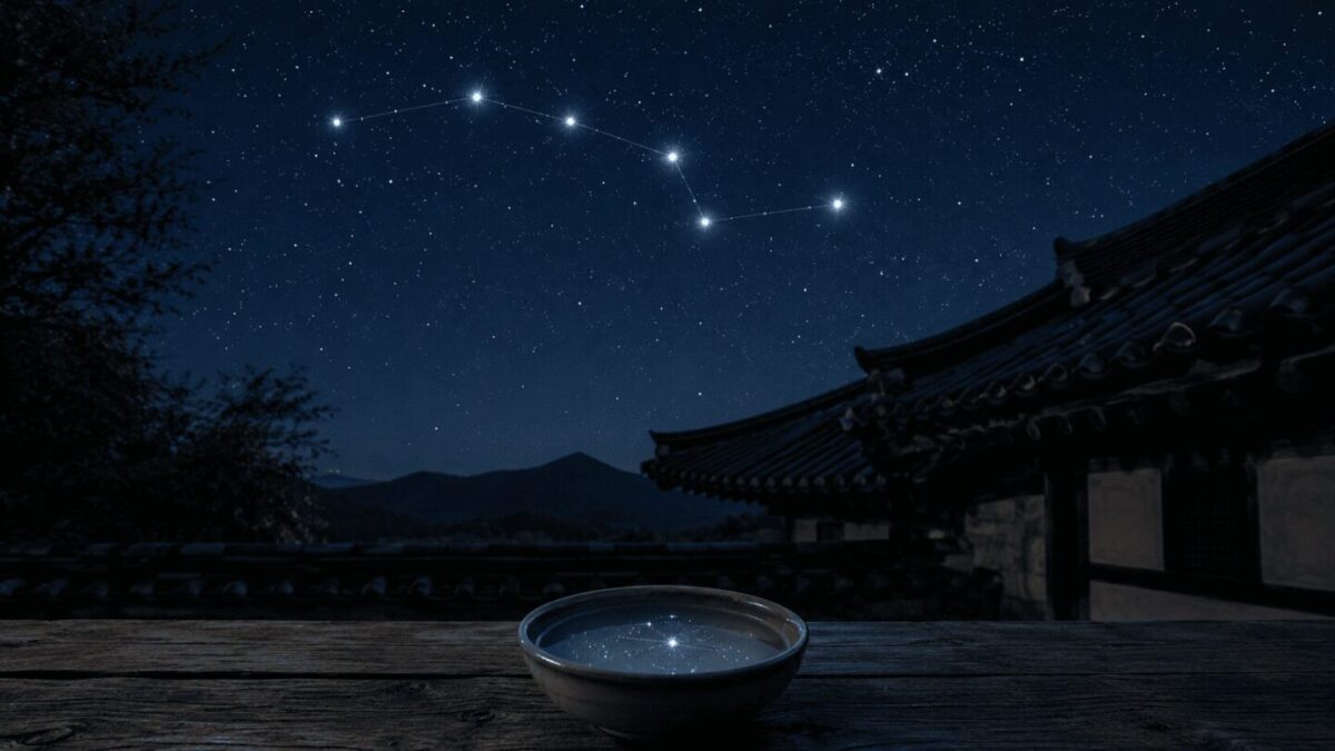 The Big Dipper (Bukdu Chilseong) reflected in a bowl of jeonghwasu water, the traditional way Koreans once prayed to Chilseong