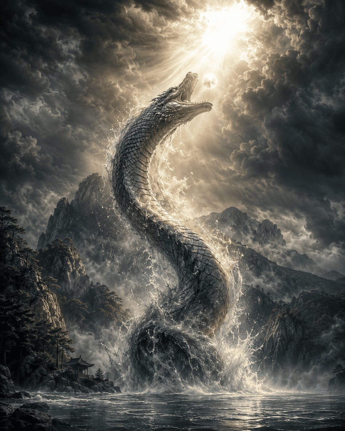 An illustration of the Korean legend of the imugi ascending toward the yeouiju to become a dragon