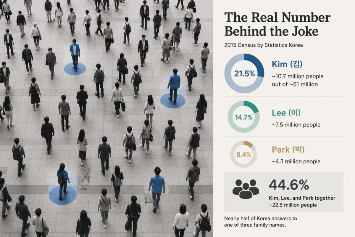 Infographic answering why are there so many Kims in Korea — 21.5% of the population by 2015 census