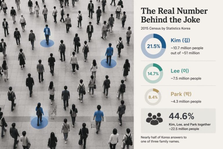 Infographic answering why are there so many Kims in Korea — 21.5% of the population by 2015 census