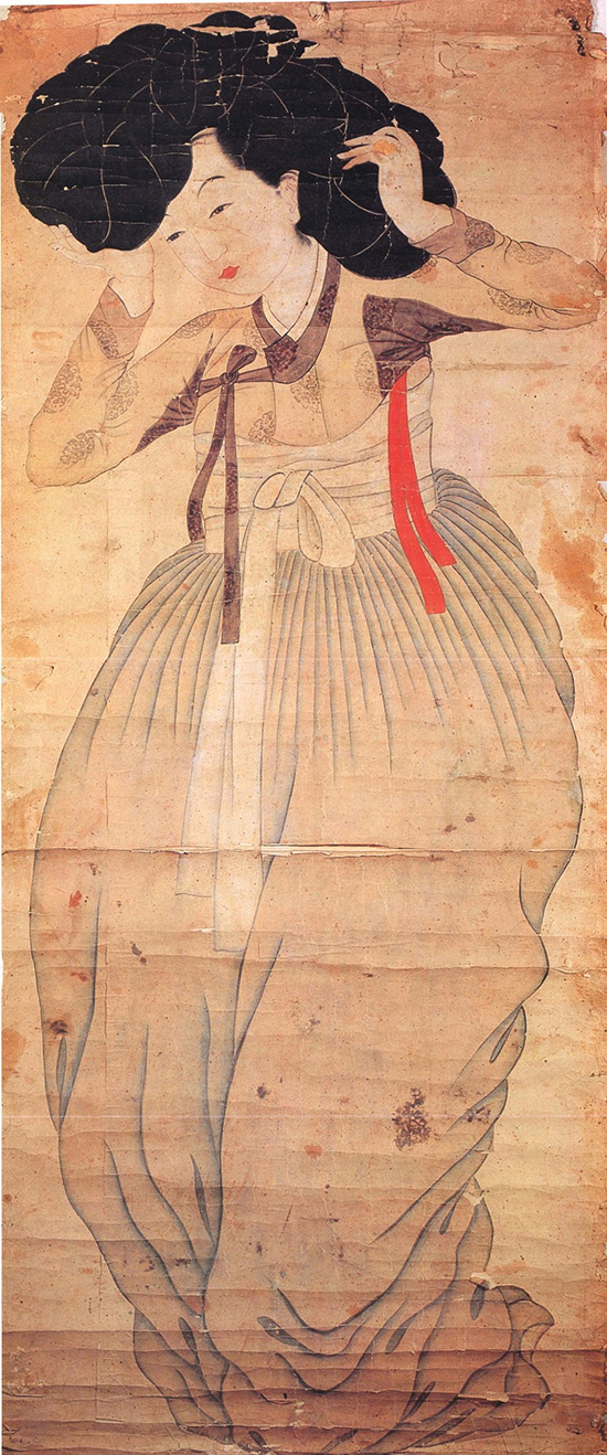 A traditional Korean painting of a woman in hanbok, adjusting her hair