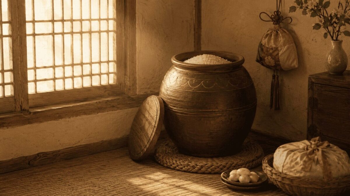 A traditional samsin danji, the rice-filled jar Korean households once dedicated to the goddess Samsin Halmoni