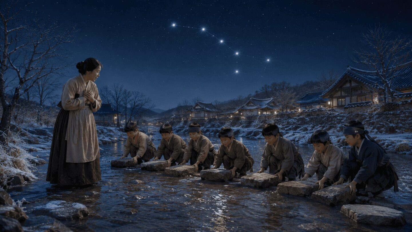 An illustration of the Korean folk legend of the widow's seven sons, said to explain the origin of the Big Dipper stars — though the tale's authenticity is disputed