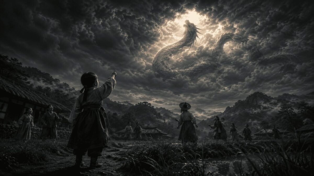 An illustrated moment from Korean folklore — a child witnesses the imugi's ascension, a moment said to decide its fate