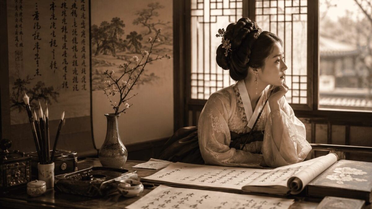 A woman in hanbok writing traditional Korean sijo poetry, gazing out a window