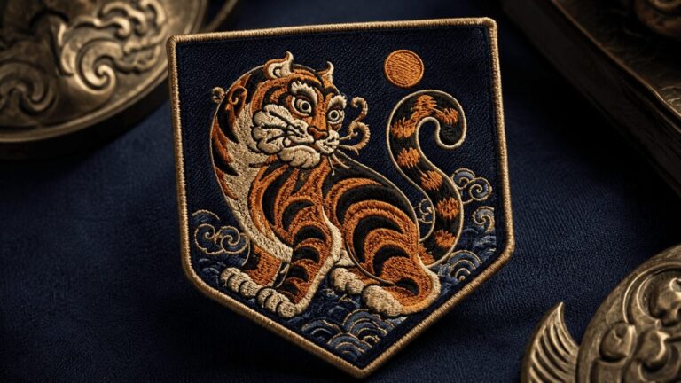 A modern embroidered emblem featuring a Korean folk-art style tiger, showing how the tiger survives as a national symbol