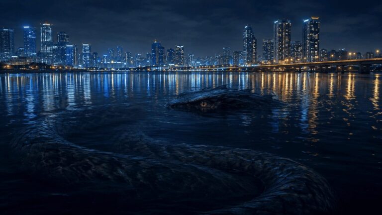 An artistic interpretation of the imugi legend enduring in modern Korea, still watching from beneath a city river