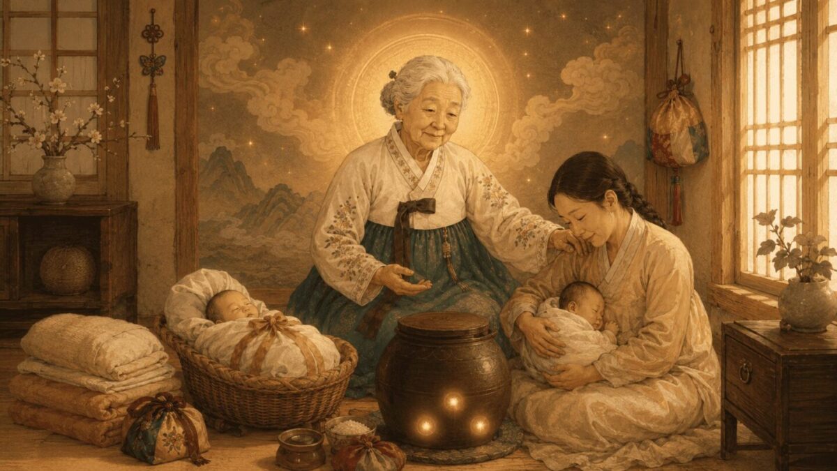 Samsin Halmoni depicted in traditional Korean folk painting (minhwa) style, seated beside a rice jar with a swaddled newborn