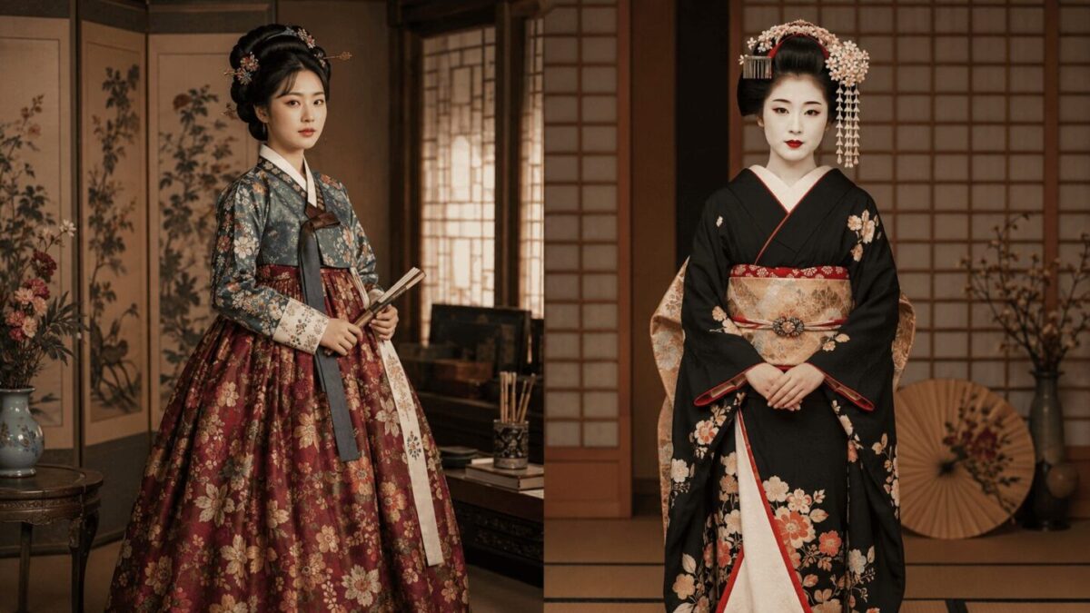A visual comparison of traditional Korean hanbok worn by a gisaeng and a Japanese geisha in kimono