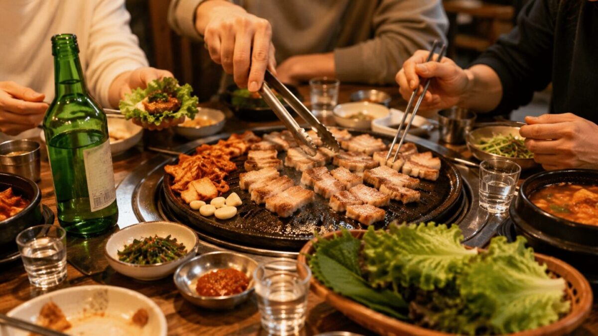 Korean barbecue table with samgyeopsal and soju, the ultimate gungnyul food pairing