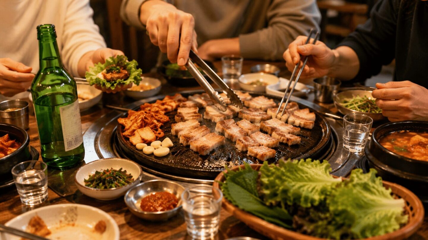 Korean barbecue table with samgyeopsal and soju, the ultimate gungnyul food pairing