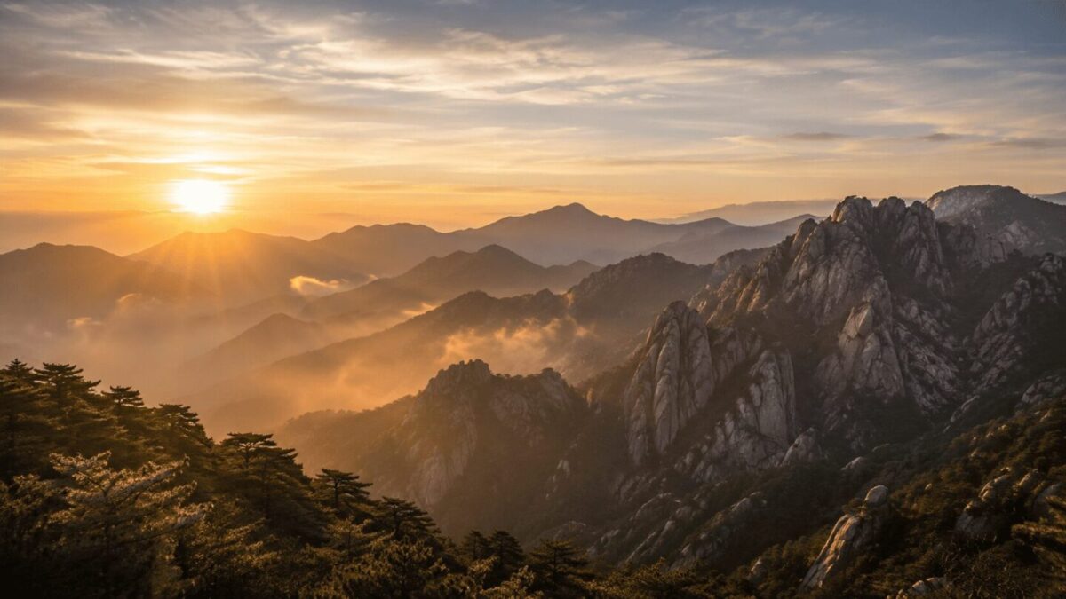 Dawn over Korean mountains, where the tiger survives as memory and symbol
