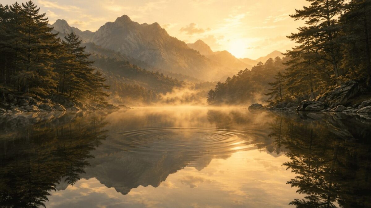 A quiet Korean mountain pond at dawn, a single ripple hinting at what may still be waiting below