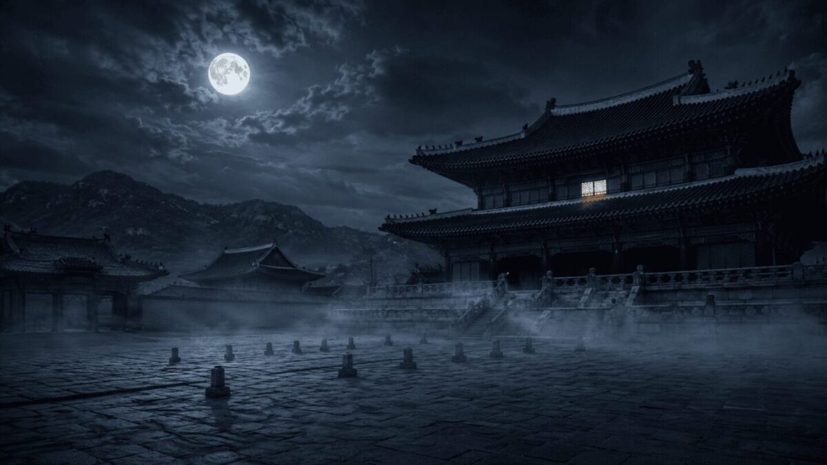 Gyeongbokgung Palace at night under a full moon, the setting of Empress Myeongseong's assassination