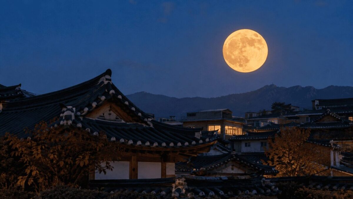 Full harvest moon rising over Korean rooftops on Chuseok, Korean Thanksgiving