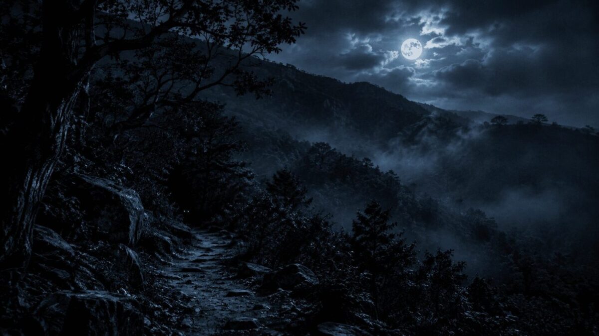 Dark Korean mountain path at night from the Korean sun and moon myth
