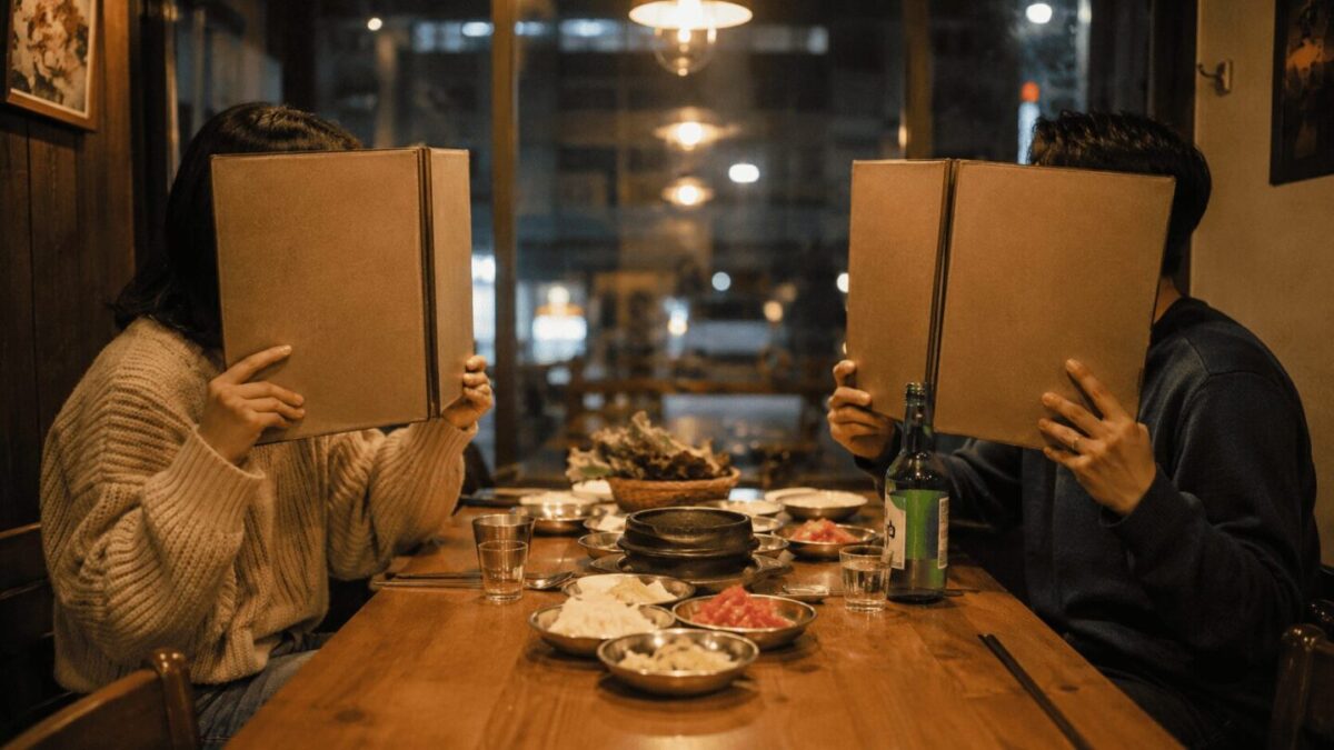 Two friends deciding what to eat, a classic dapjeongneo situation