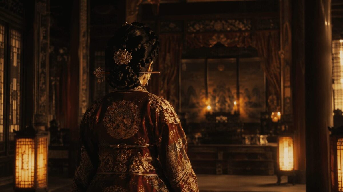 A Korean royal court lady in ceremonial hanbok seen from behind, representing Empress Myeongseong