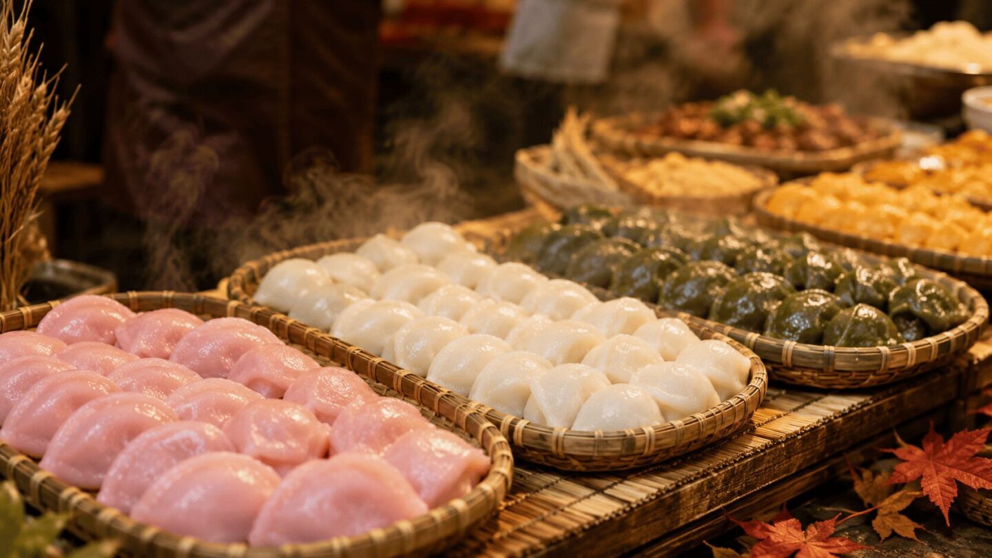 Songpyeon rice cakes at a Korean market for Chuseok, Korean Thanksgiving