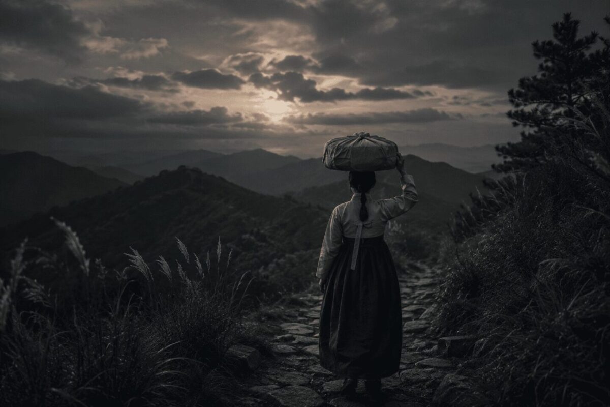 Mother carrying rice cakes over a mountain pass in the Korean sun and moon myth
