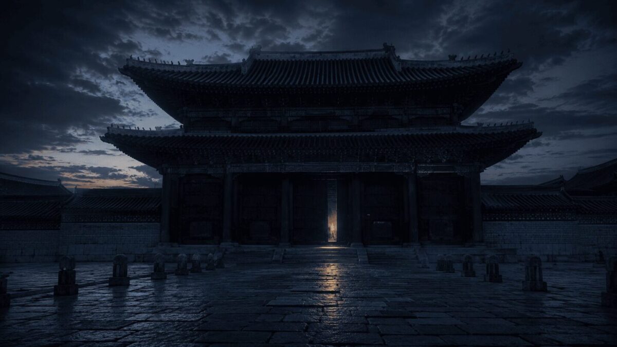 A Korean palace gate slightly open at dawn, depicting the night of the Eulmi Incident