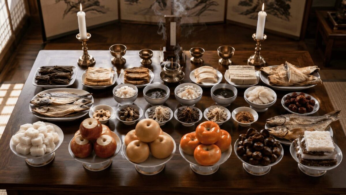 Korean jesa ancestral rite table prepared for Chuseok morning